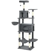 Albero Tiragraffi per Gatti Alto 202 cm con 6 Pali in Sisal, 2 Casette, 2 Amache e Lettino, Grigio