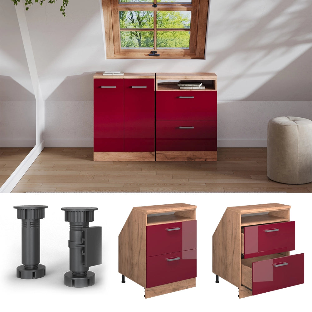 Mobile sottotetto Rion Rosso lucido/Rovere dorato 60 x 83.8 cm con 2 cassetti, carcassa 60 cm profondità Vicco