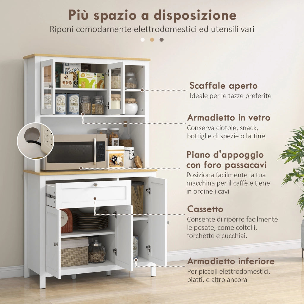 Dispensa Cucina con Cassetti. Ripiani Aperti e Scaffali Regolabili in Legno. 100x40x180 cm. Bianco