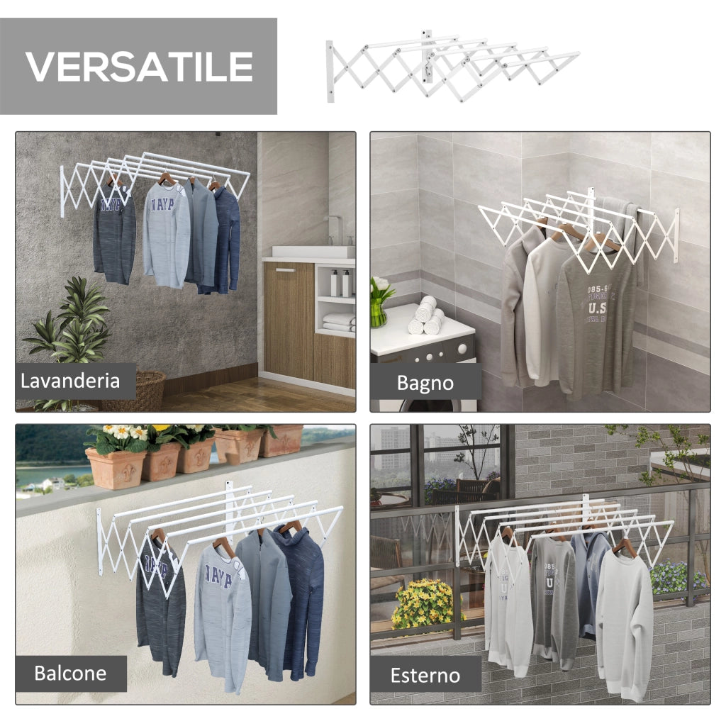 Stendibiancheria a Parete Retrattile 63,5x60x20 cm per Interni ed Esterni in Metallo Bianco