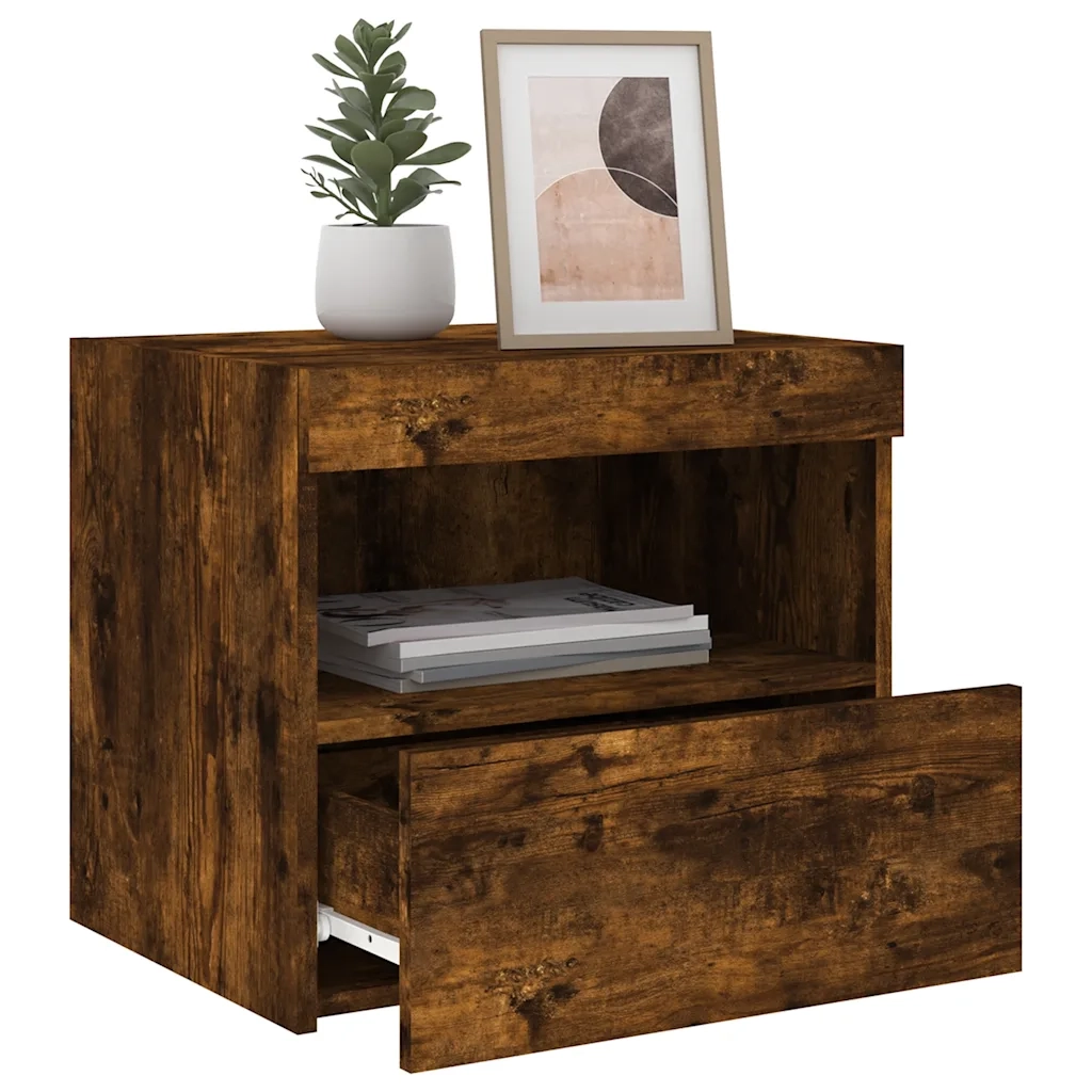 Set di 2 Comodini | Armadio da Notte | Mobiletto da notte con Luci LED Rovere Fumo 50x40x45 cm