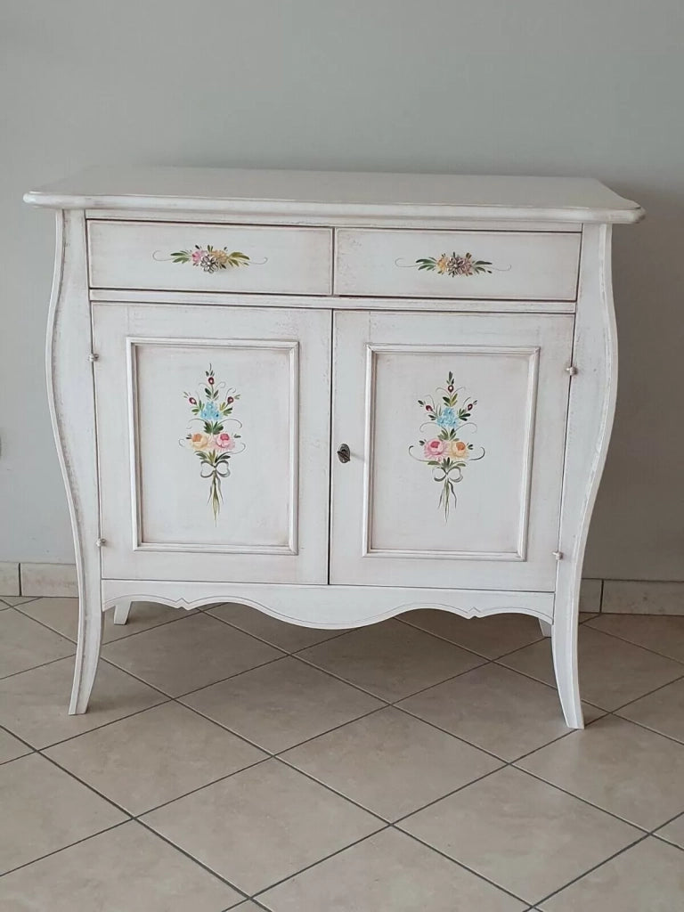 Madia credenza in legno 2 porte shabby bianco anticato decorato 105x50x100 (3090) - Mobili 2G