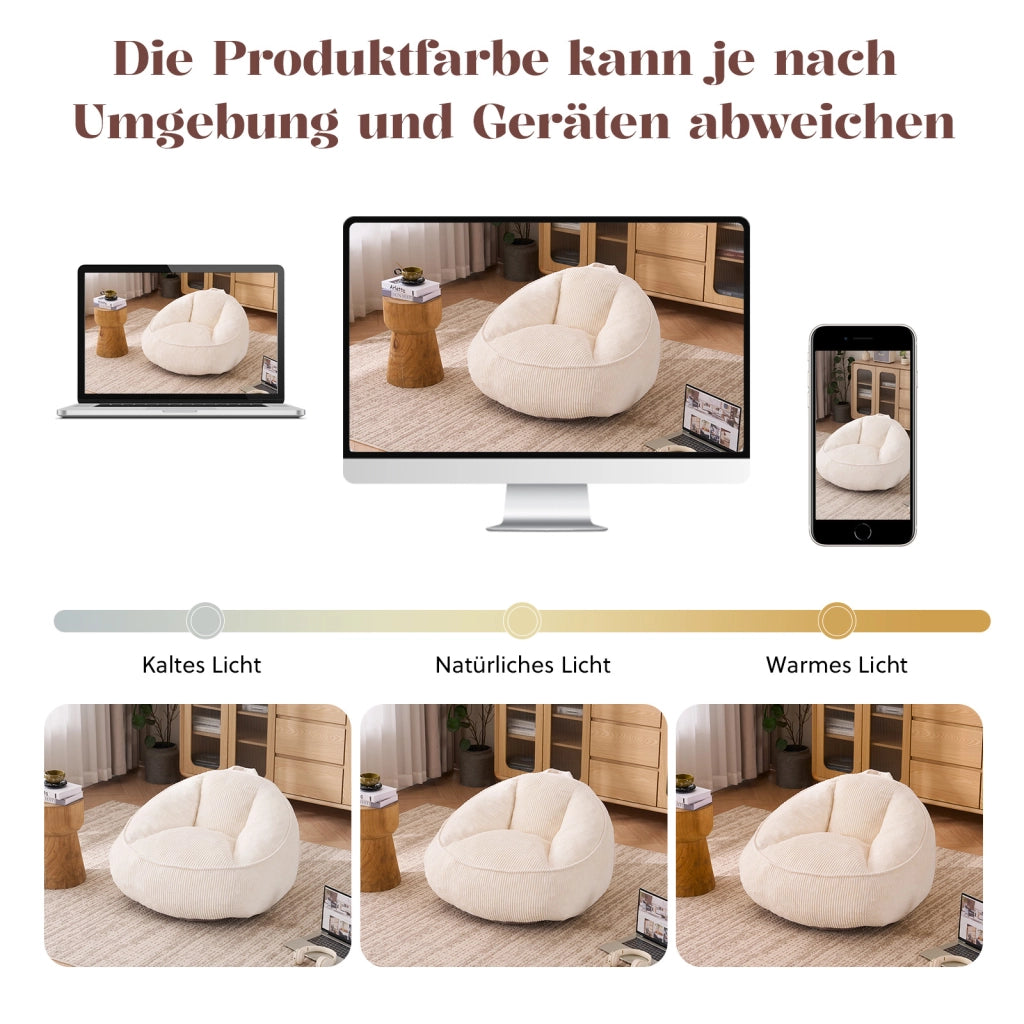 Pouf ergonomico con schienale e imbottitura in schiuma memory rivestimento in velluto a coste beige per relax