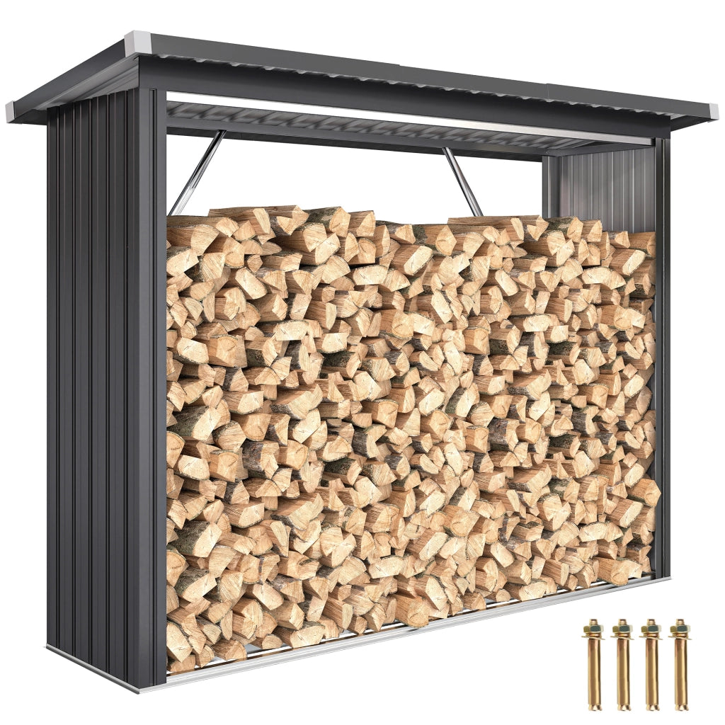Capanno Portalegna in Acciaio da Esterno, Base Rialzata e Tetto Inclinato, 213x66.5x150 cm, Grigio Scuro