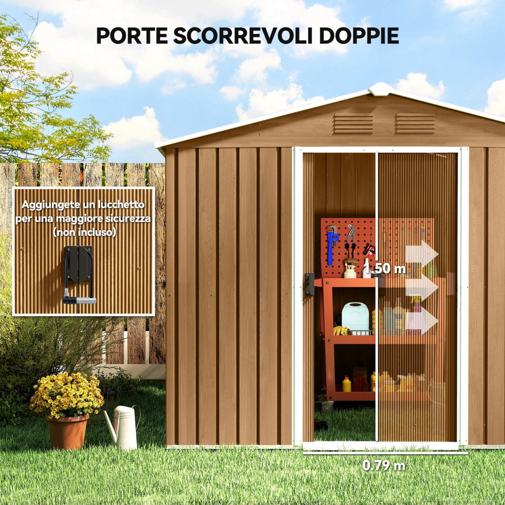 Casetta da Giardino 236x174x190 cm con Porte Scorrevoli in Lamiera di Acciaio Marrone