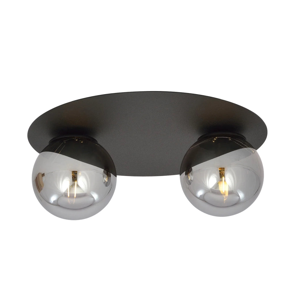 Plafoniera Minimal 2 Luci Mnemosine In Acciaio Nero E Sfere Di Vetro Fumè