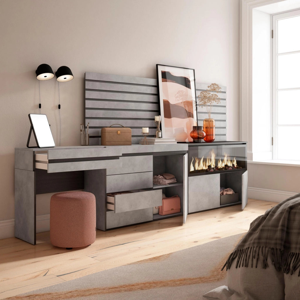 Tavolo da toeletta, 284x35x145cm, Con cassetto, Camino elettrico XXL, Cassettiera, Pannelli Decorativi, grigio cemento RF3469