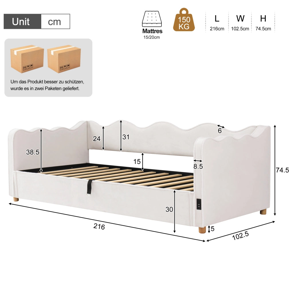 Letto daybed 90x200 cm con contenitore idraulico; velluto beige; con presa USB e Type-C