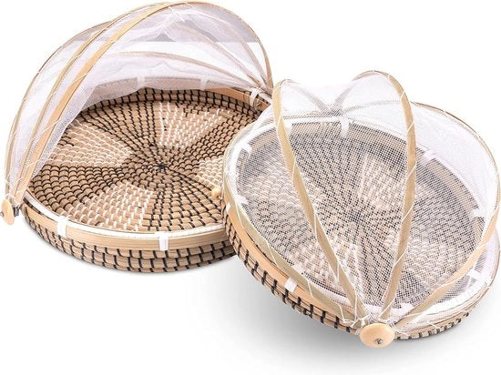Tavolo con protezione dalle zanzare, grande e rotondo, ciotola per frutta con protezione dalle zanzare in giunco marino, tavolo con cappuccio per zanzare, set di 30 cm + 40 cm