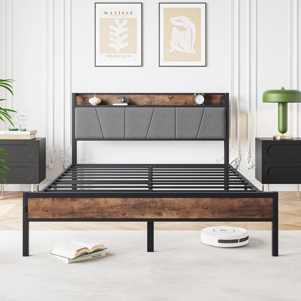LETTO 140x200 cm con testiera contenitore, MDF e metallo, marrone antico
