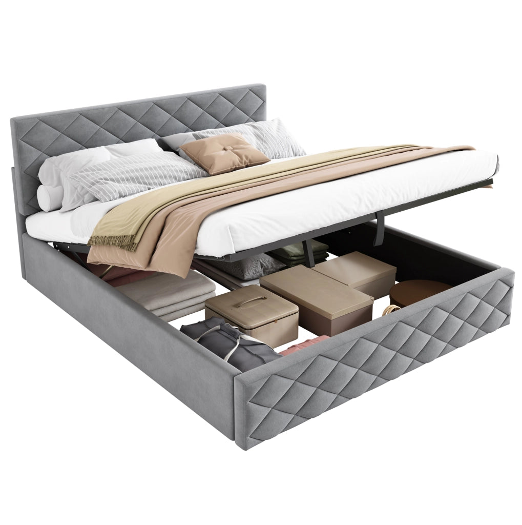 Letto imbottito matrimoniale con contenitore e sollevamento idraulico 140x200 cm; velluto grigio