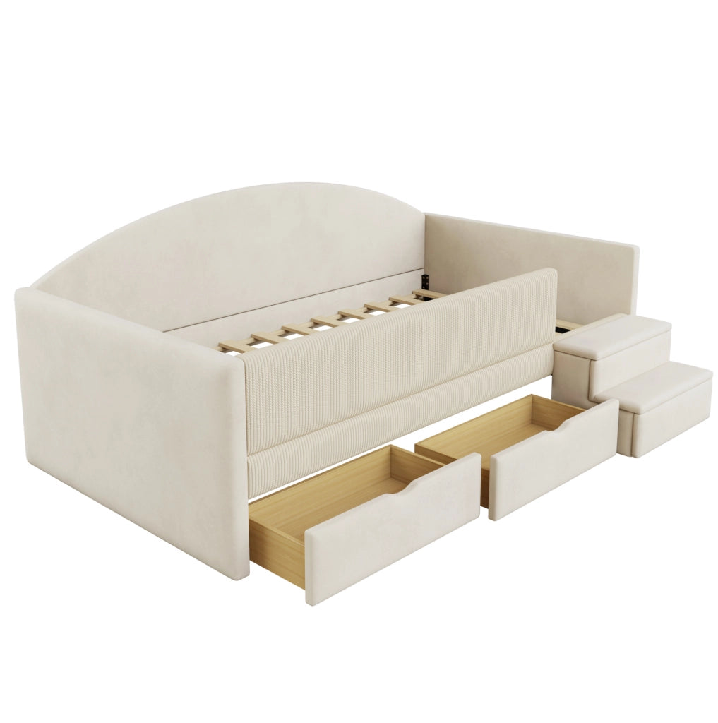 Letto imbottito 90x190 cm con 2 cassetti, sponde e gradini antiscivolo