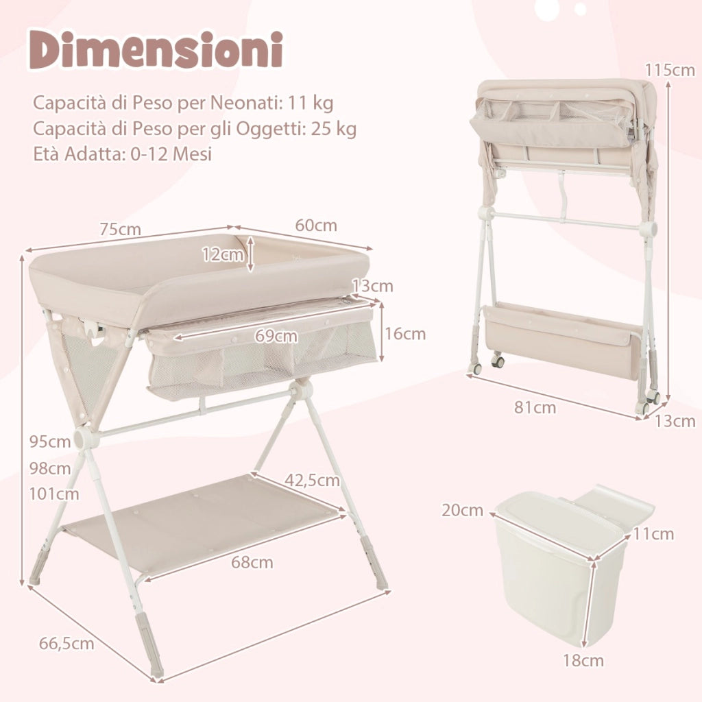 Fasciatoio per pannolini con ruote 3 altezze regolabili cintura di sicurezza, Organizzatore per neonato Beige-Fasciatoi