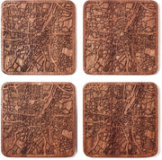 Tavolo di supporto con mappa di legno di Sapeli, 4 pezzi, con mappa urbana, diverse città opzionali, manufatto artigianale