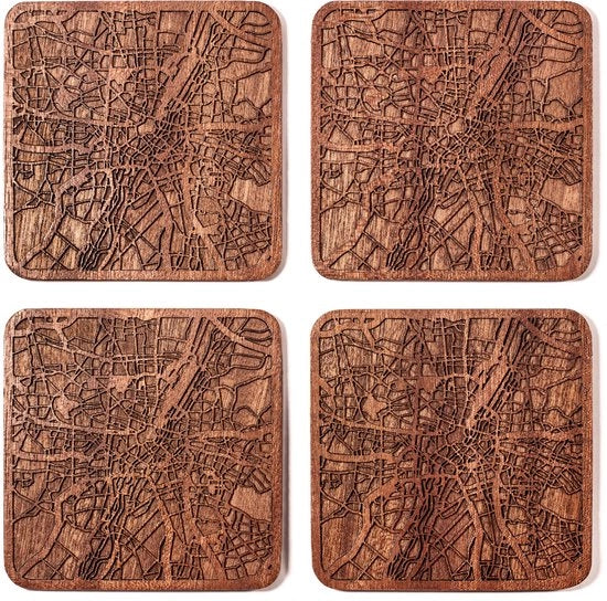 Tavolo di supporto con mappa di legno di Sapeli, 4 pezzi, con mappa urbana, diverse città opzionali, manufatto artigianale