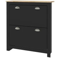 Scarpiera con 2 Ante Ribaltabili, 2 Scomparti, Maniglie a Conchiglia in Metallo, 79 x 23 x 90,5 cm, Nero e Rovere
