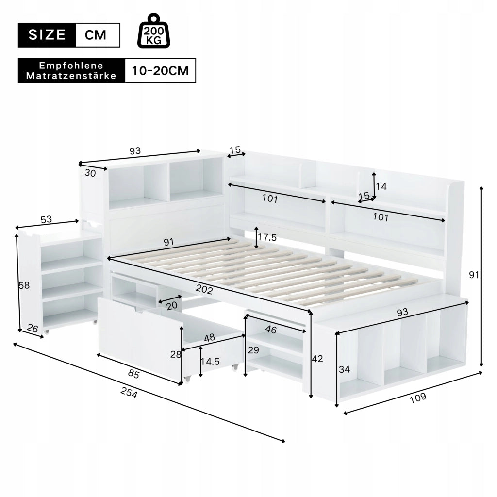 Letto singolo per bambini 90x200 - Xylo - Bianco con cassetti e scaffale