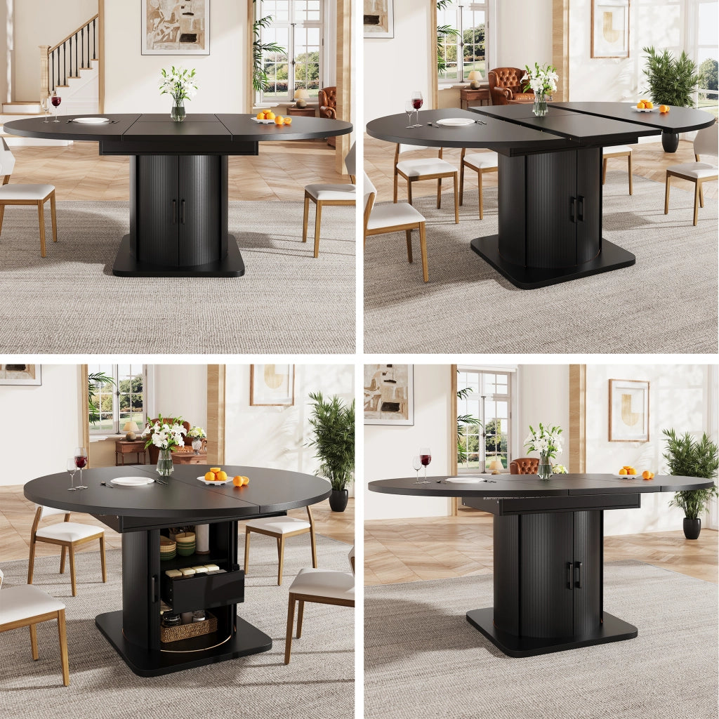 Tavolo allungabile da pranzo rotondo in MDF nero con piano estensibile e struttura salvaspazio, 118 × 118 × 76 cm
