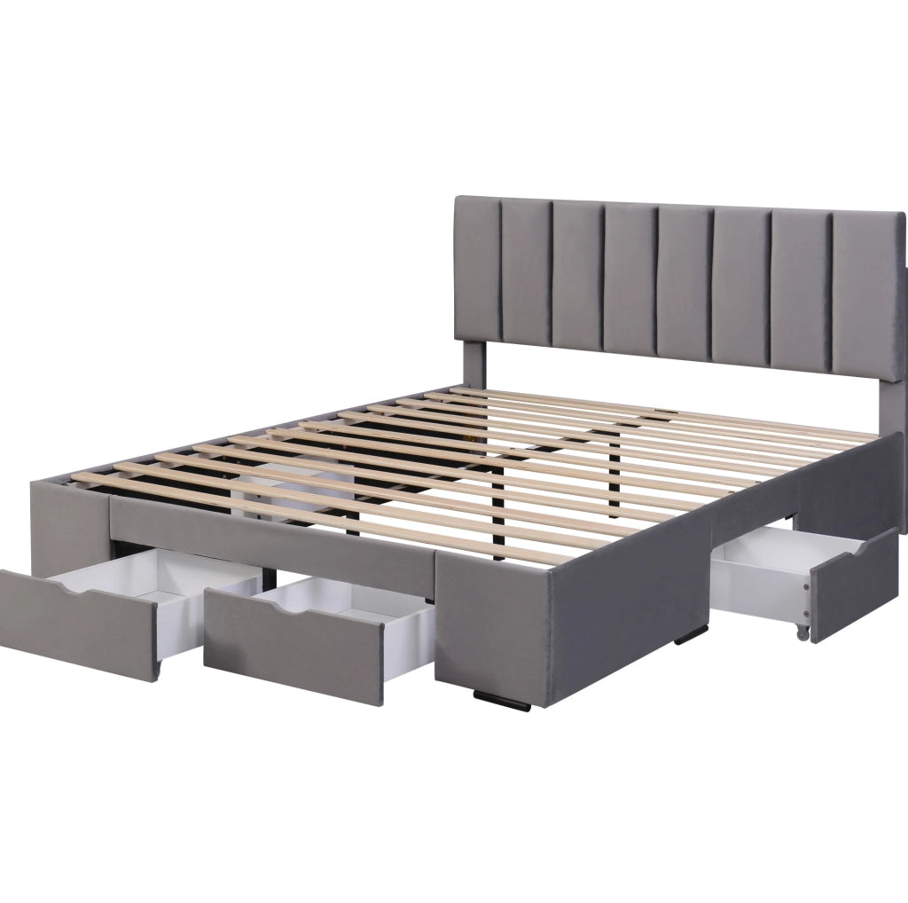 Letto imbottito 160x200 cm; testiera regolabile e 4 cassetti; velluto grigio (Senza materasso)