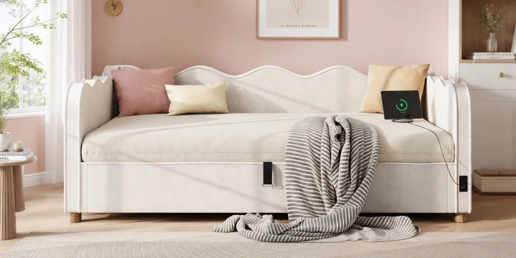 Letto contenitore per bambini 90 × 200 cm con contenitore idraulico, USB e Type-C, senza materasso, in velluto beige