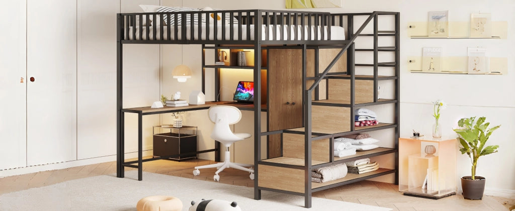 DESMIU Letto a soppalco matrimoniale con scrivania, armadio, cassetti, LED, USB e Type-C 140 × 200 cm senza materasso