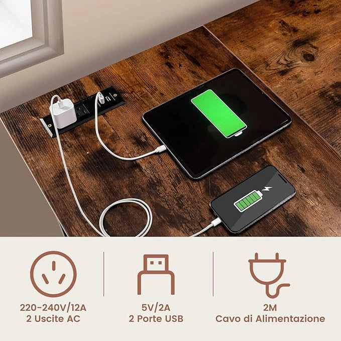 Scrivania Angolare da 120 CM, Scrivania a L per Ufficio a Casa con Prese di Corrente e Porte USB, Postazione di Lavoro con Ripiani per Lavoro, Gaming e Studio (Marrone)