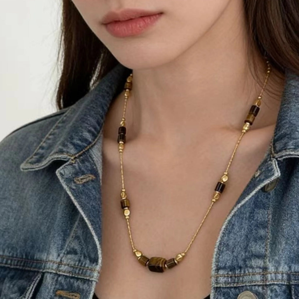 Collana a catena con perline in occhio di tigre, stile vintage, a strati, elegante e semplice.