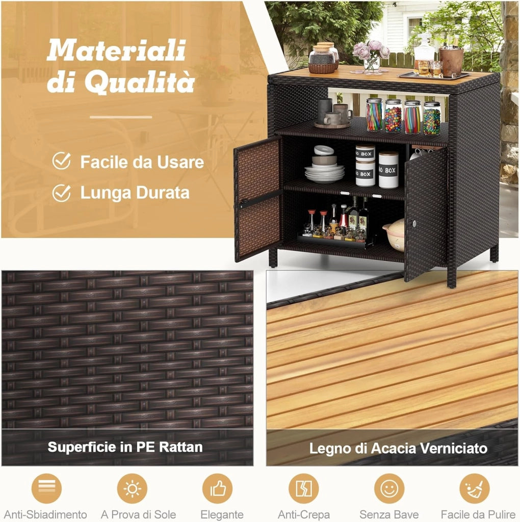 Armadietto Portaoggetti in Rattan, Mobile Buffet per Esterni in Legno di Acacia, Con Compartimento Aperto e Armadio Chiuso a 2 Ante, per Piscina, Terrazza e Patio, 90 x 53 x 86 cm (Marrone)