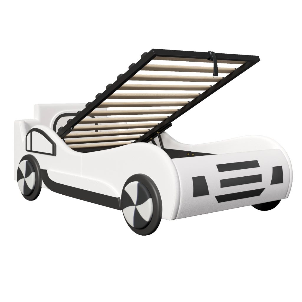 Letto auto per bambini 90 x 200 cm con rete a doghe e contenitore idraulico; MDF e PU; bianco