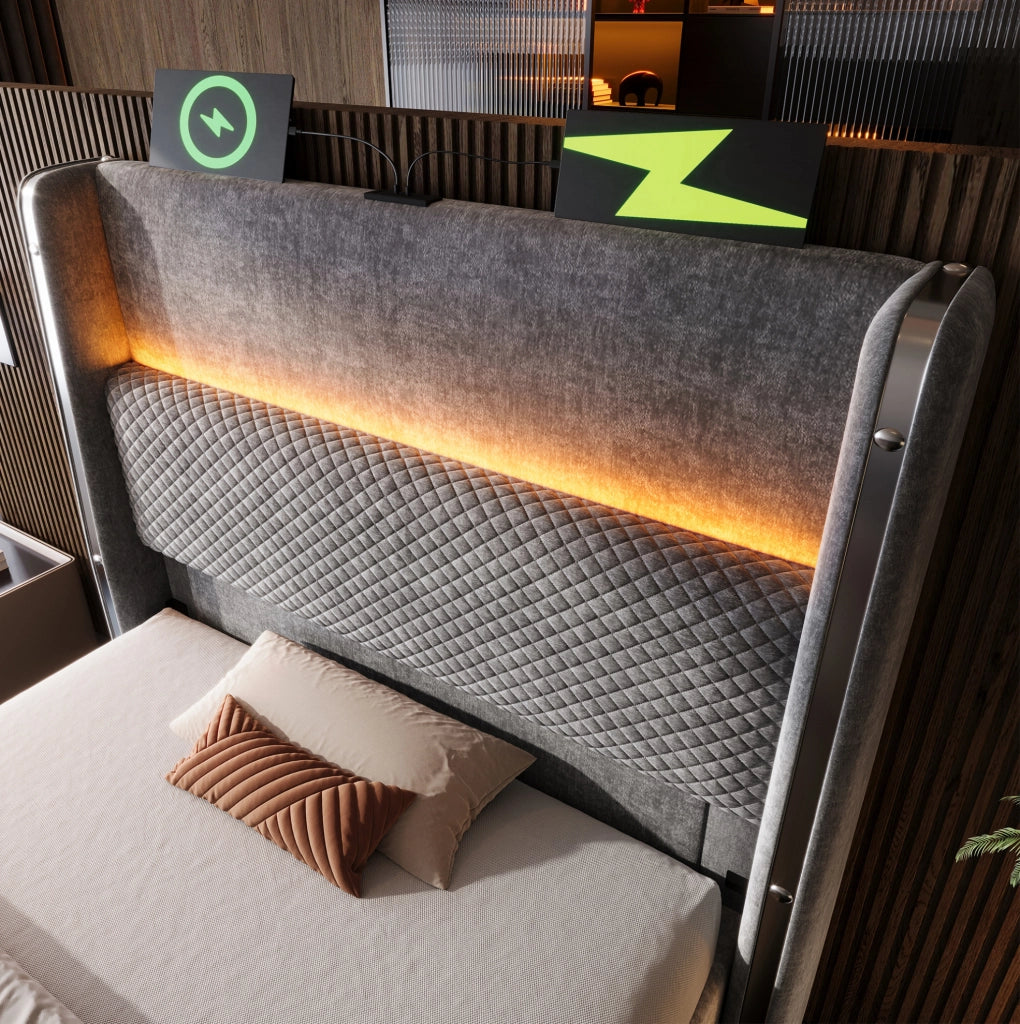 Letto singolo 90x200 cm con contenitore; LED; USB Type-C e materasso H3 in lino grigio