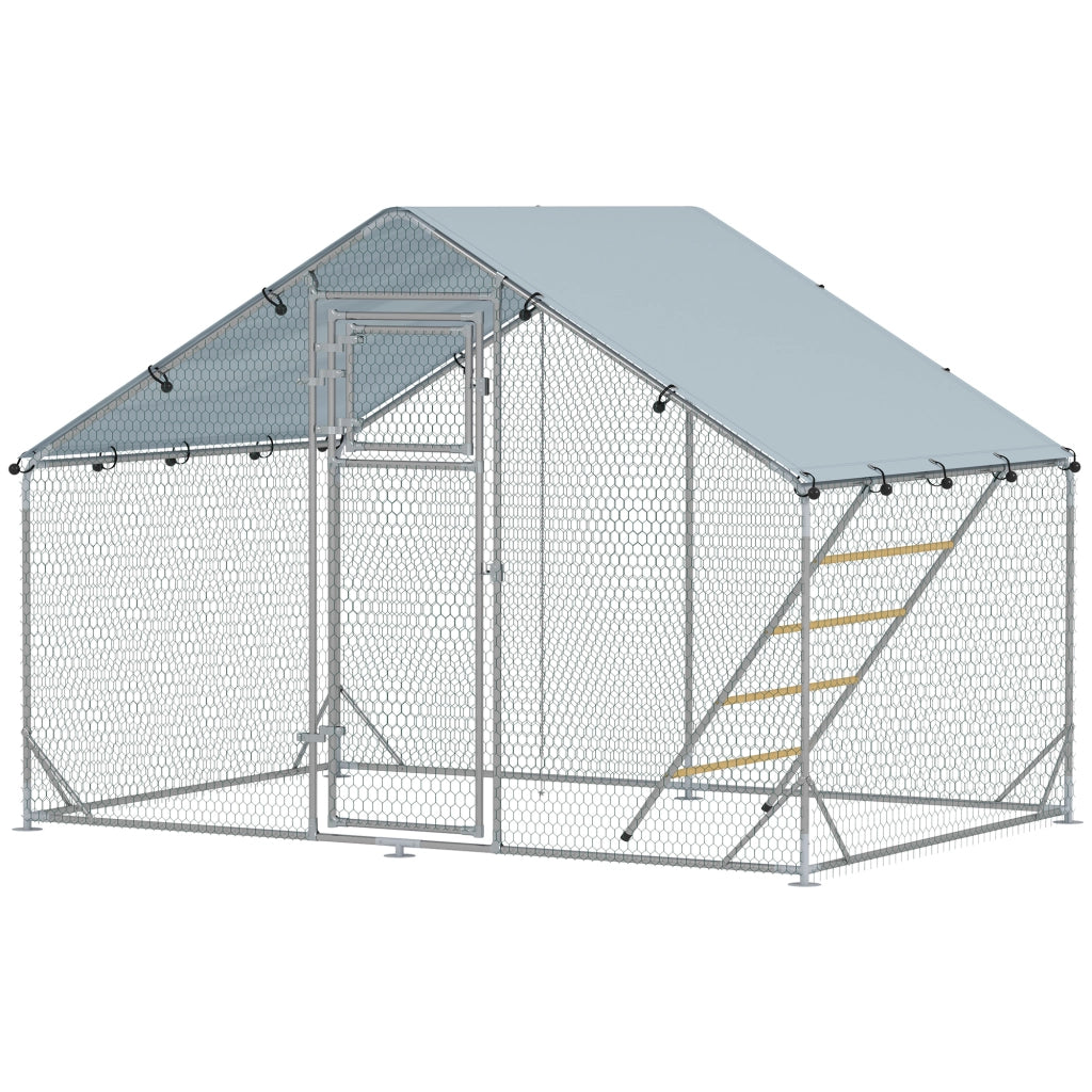 Recinto per Galline da 6m2 per 6-8 Animali con Tetto Impermeabile, Mangiatoia e Posatoio, 3x2x1.9m, Argento