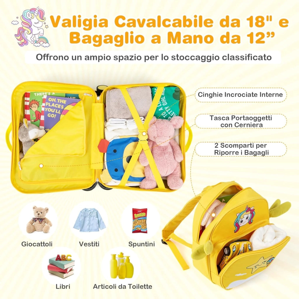 Valigia Cavalcabile per Bambini, 18" Valigia+ 12" Zaino,2 Pezzi, Trolley Bambini Bagaglio a Mano con Ruote Girevoli e Maniglia Retrattile, 2 Cingie Multiuso (Modello 3)