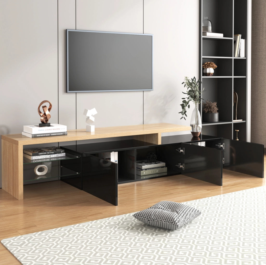 Mobile TV moderno nero lucido con LED e ripiani in vetro