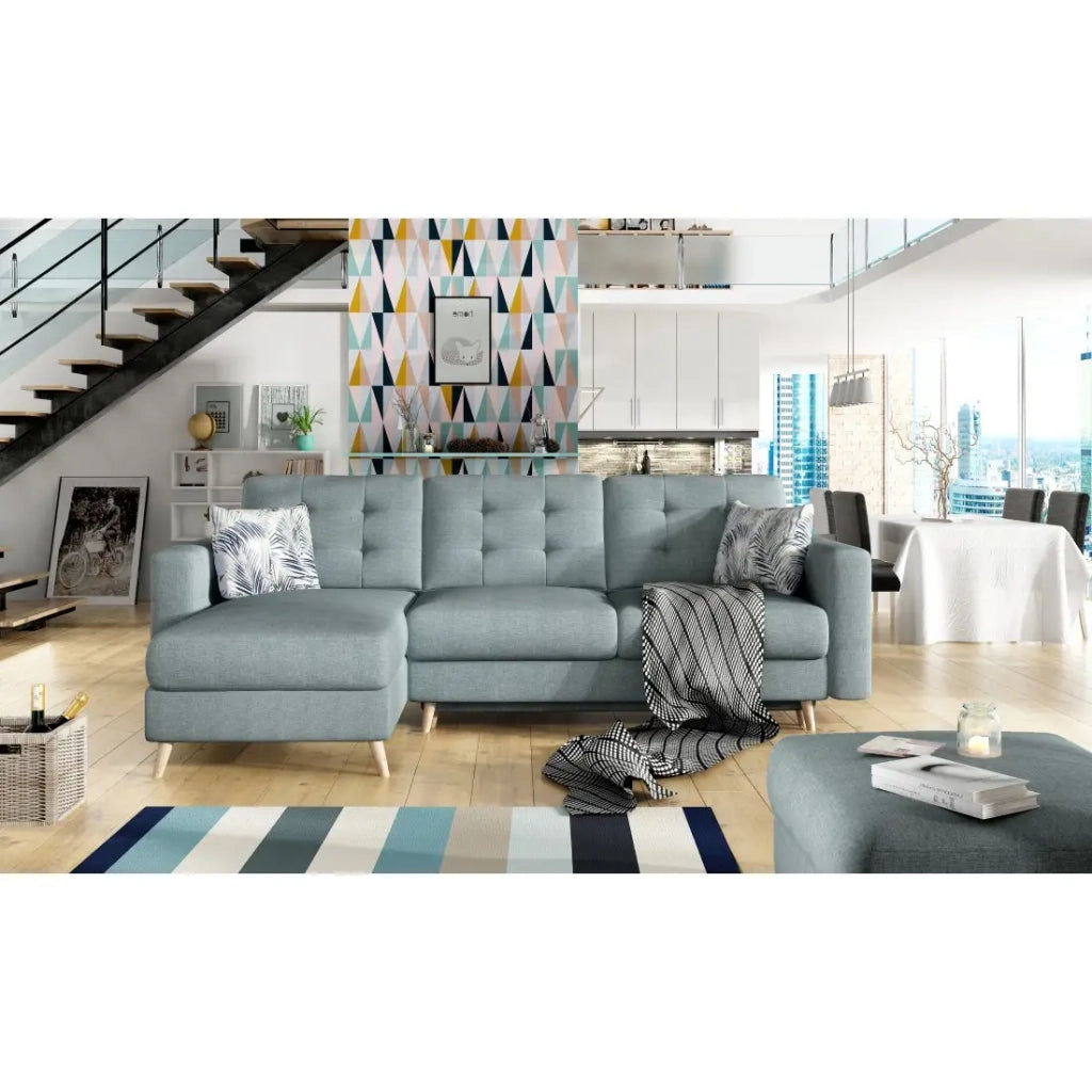 Divano angolare convertibile HASGARD 3 posti blu 248x162 cm – con vano contenitore e piedi in legno