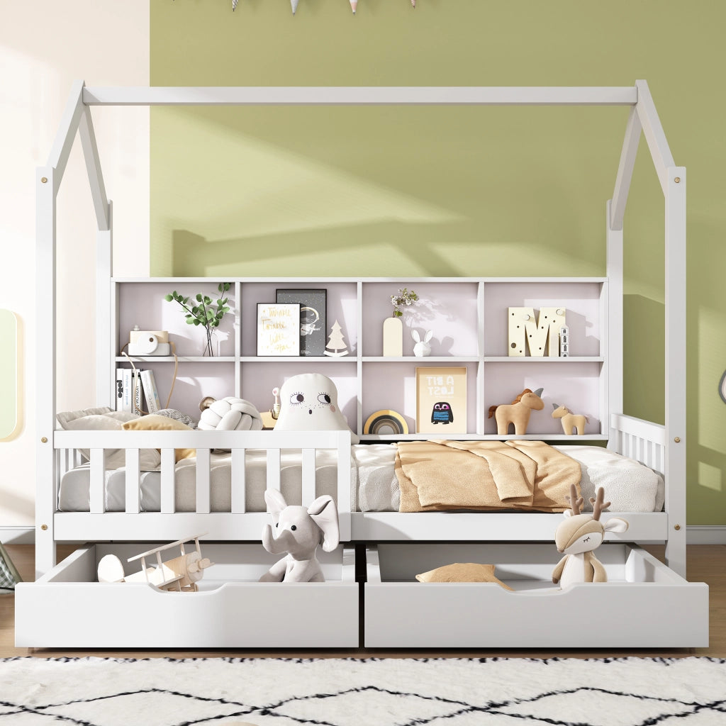 OKWISH Letto a Casetta 90×200 cm, Letto Singolo con Mensole e 2 Cassetti, Sponda, senza Materasso, in Legno Massello, Bianco