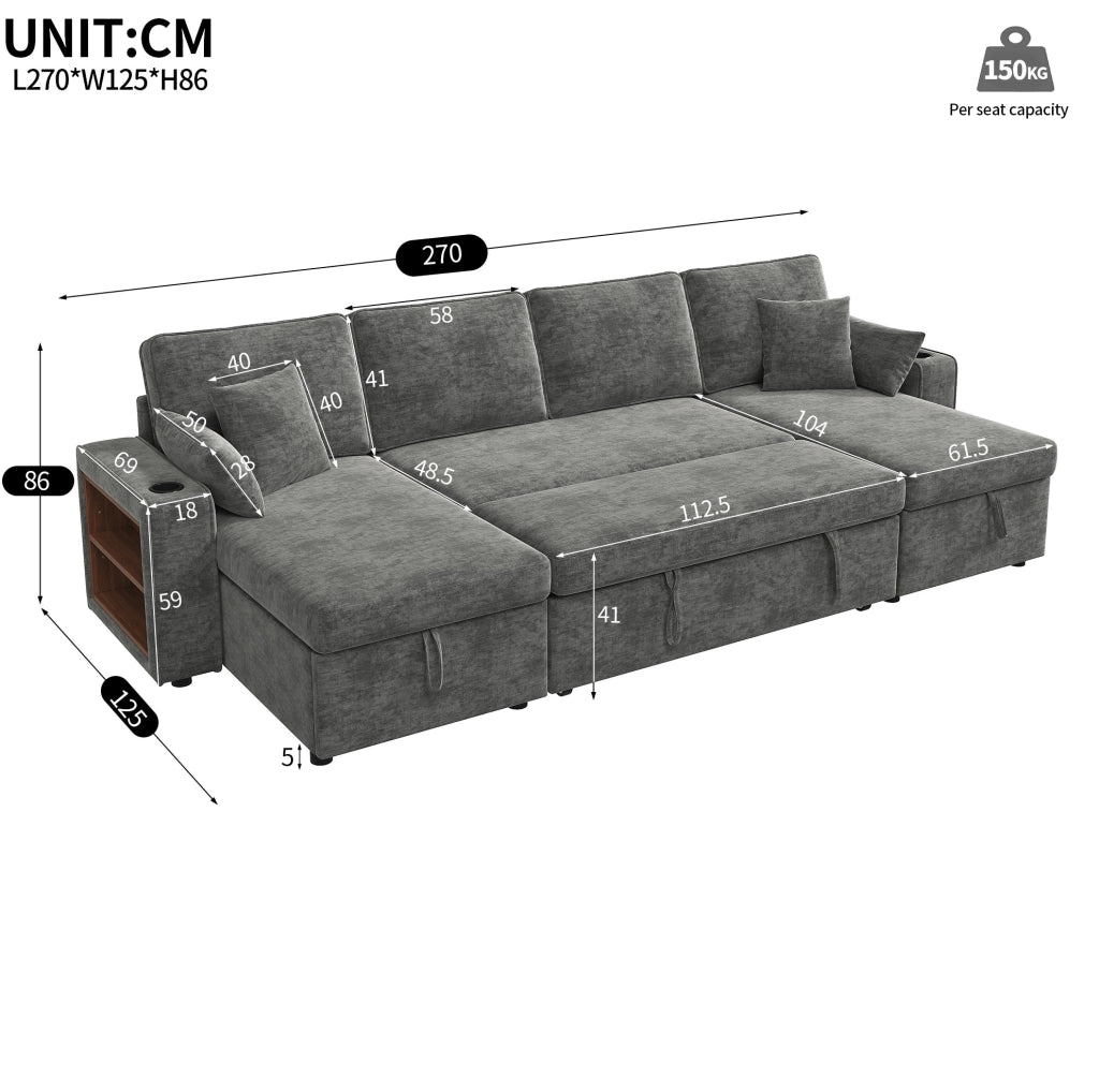 Divano angolare a U trasformabile 270x125x86 cm in chenille grigio con contenitore e USB