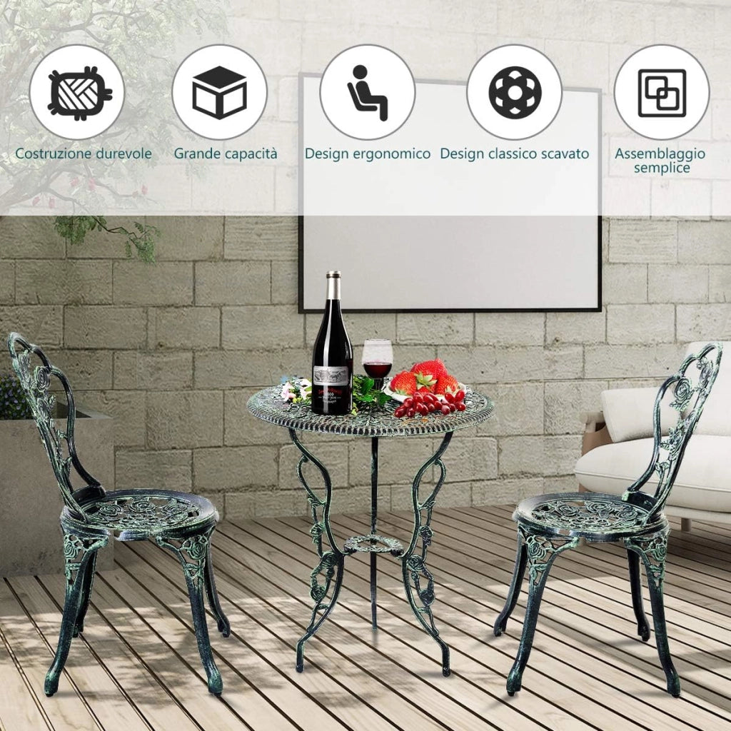 Set Tavolino e Sedie da Giardino, Set da Bistro con Sedie in Alluminio e Ghisa, Mobile da Esterno con Tavolino Rotondo e 2 Sedie, Tavolino Portato 45 kg, Sedia Portata 150 kg (Verde)