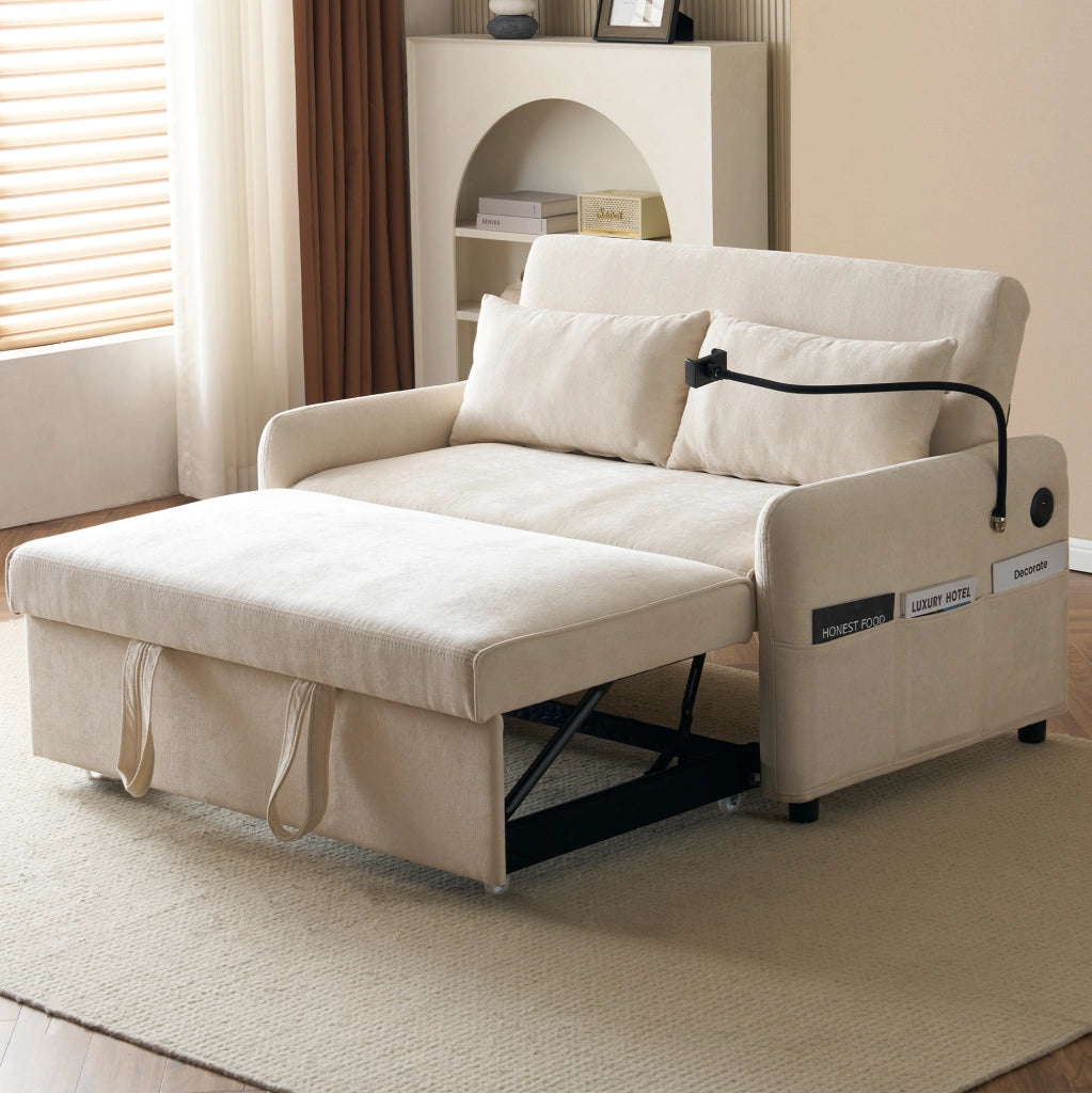 Divano letto 2 posti estraibile con schienale regolabile; USB e porta telefono; beige