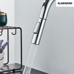 JANA | Rubinetto cucina estensibile Premium in acciaio inox cromato | Miscelatore arco alto gastronomia alta pressione ruotabile a 360° 2 attacchi