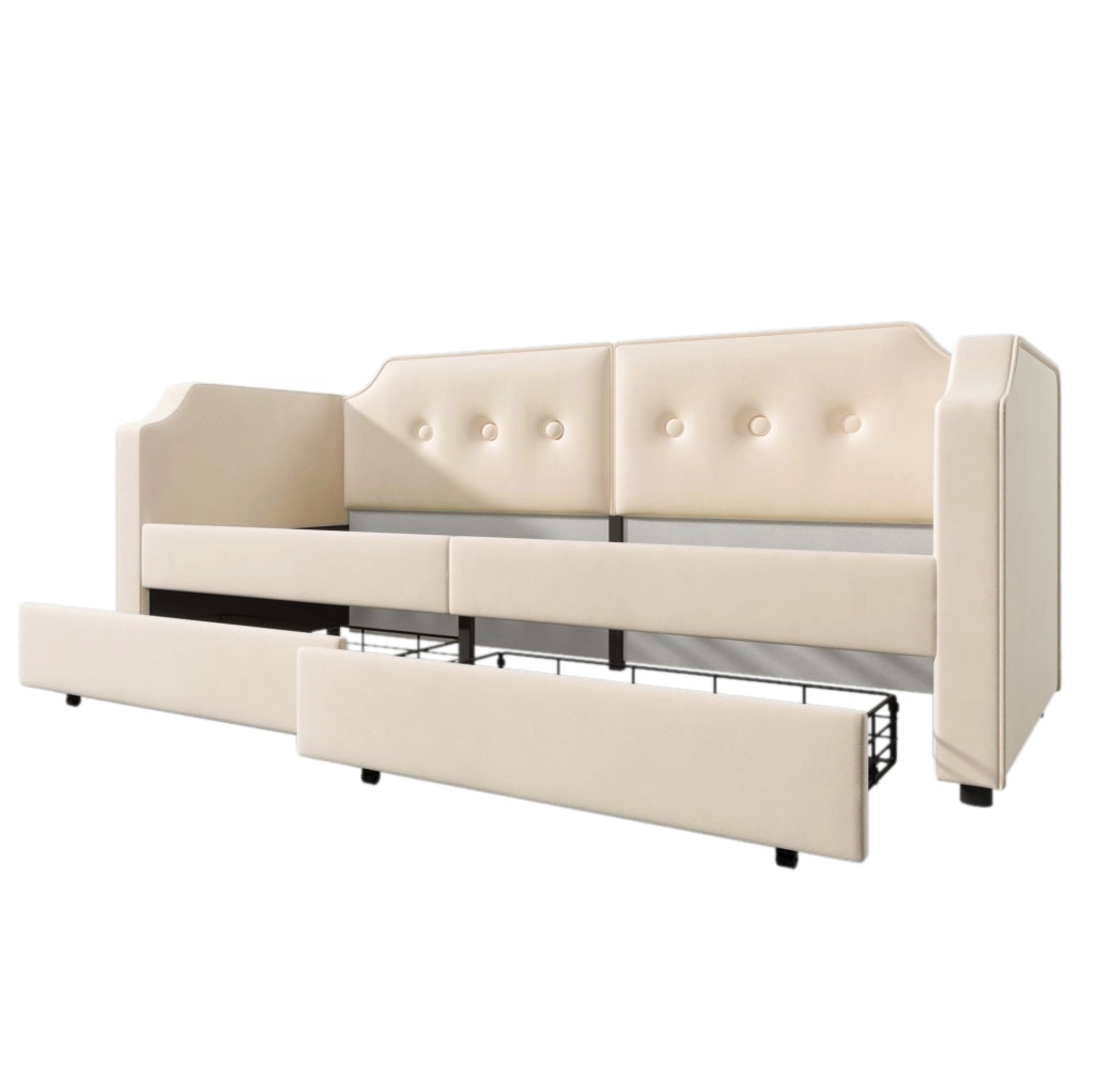 Letto 90x200 cm con USB Type-C; lampada da lettura e 2 cassetti in velluto beige