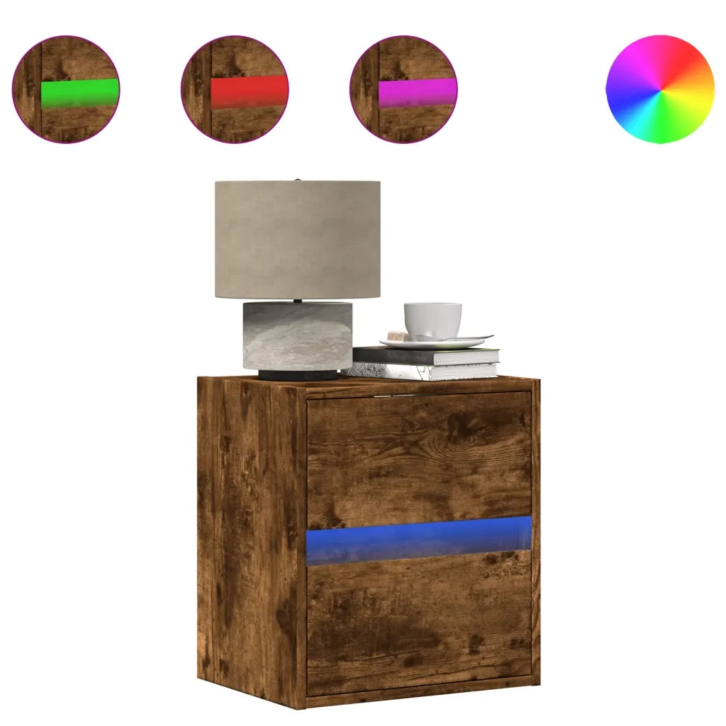 Comodino a Parete con Luci LED-Tavolino da notte sospeso Rovere Fumo 720806
