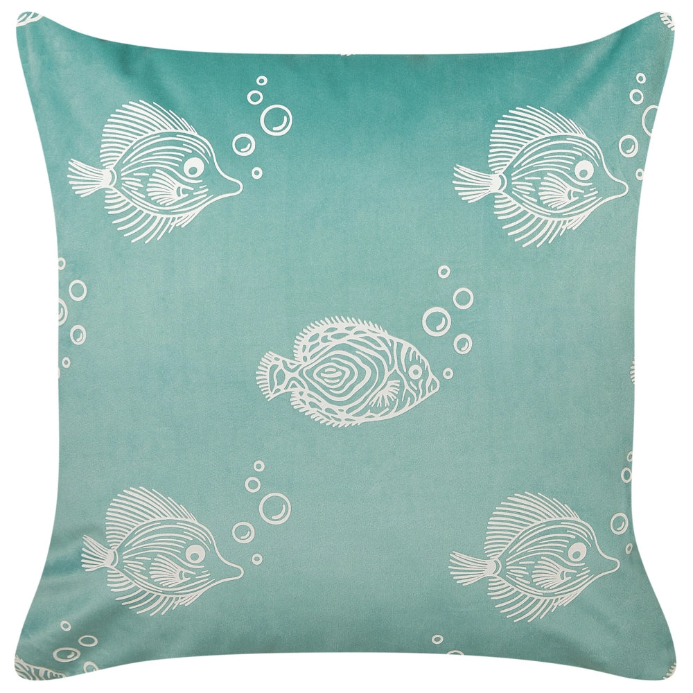 Set di 2 cuscini in velluto verde ricamati con motivo con pesciolini 45 x 45 cm morbida imbottitura