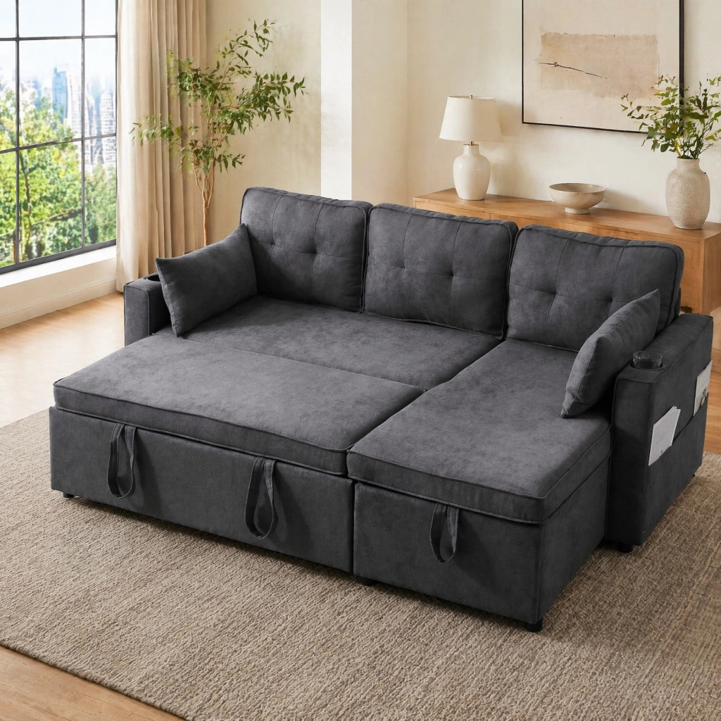 Divano letto angolare con chaise longue reversibile, contenitore e portabicchieri, stile moderno
