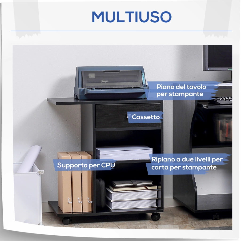 Mobile Porta Stampante con Cassetto e Ripiani ¨C Zephmum ¨C Legno Nero 60x40x68.5cm