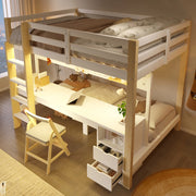 Letto a soppalco 140x200 cm con scrivania; cassetti e LED; in pino bianco e naturale