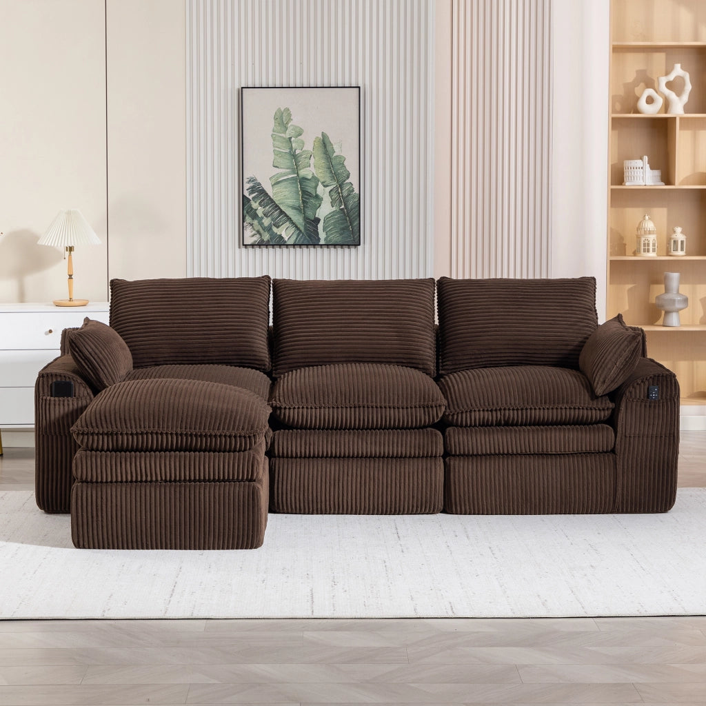 Divano modulare 3 posti in velluto a coste con pouf, tasche laterali, schiuma a 3 strati, marrone