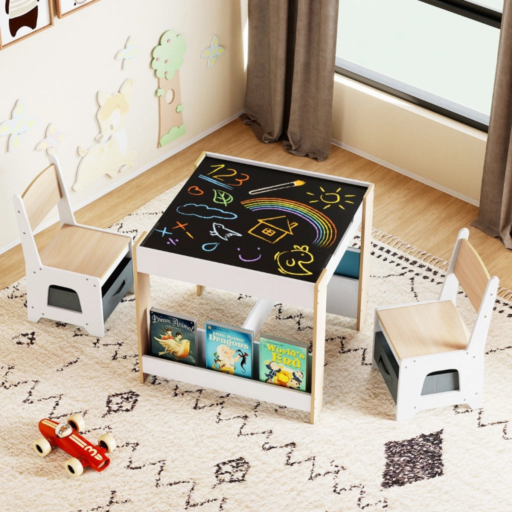 Set tavolo e sedie per bambini per bambini con piano reversibile, Set tavolo scaffali e cassetti per disegno Legno naturale-Tavoli e sedie