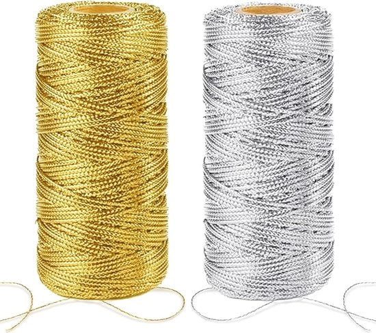 Cordone metallizzato - 2 rotoli oro e argento - 100 m - filo di rame 1 mm - cordone per DIY - carta per regali - decorazione di Natale - decorazione per feste - imballo per regali