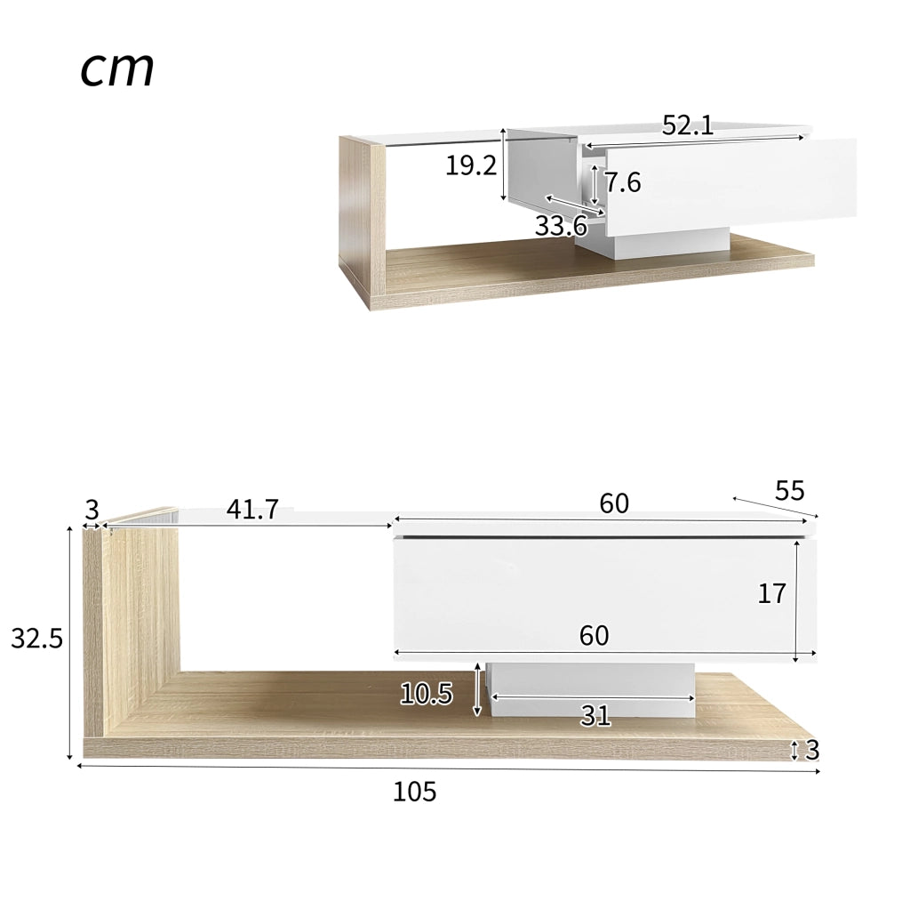 Tavolino da caffè moderno 105x55x32;5 cm in truciolare bianco lucido e effetto legno; con LED