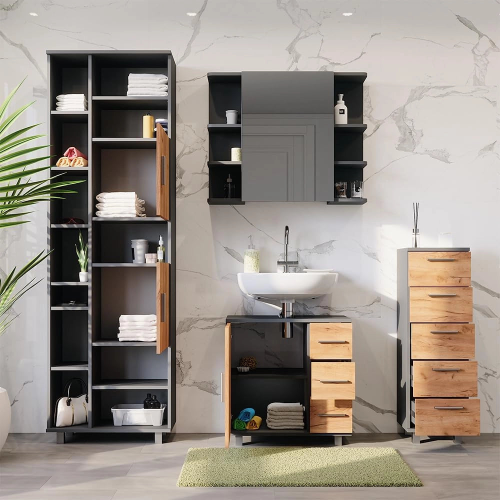 Set di mobili da bagno Ilias, Antracite/quercia dorata, 60.2 cm, composto da mobile lavabo, pensile a specchio, colonna e base media